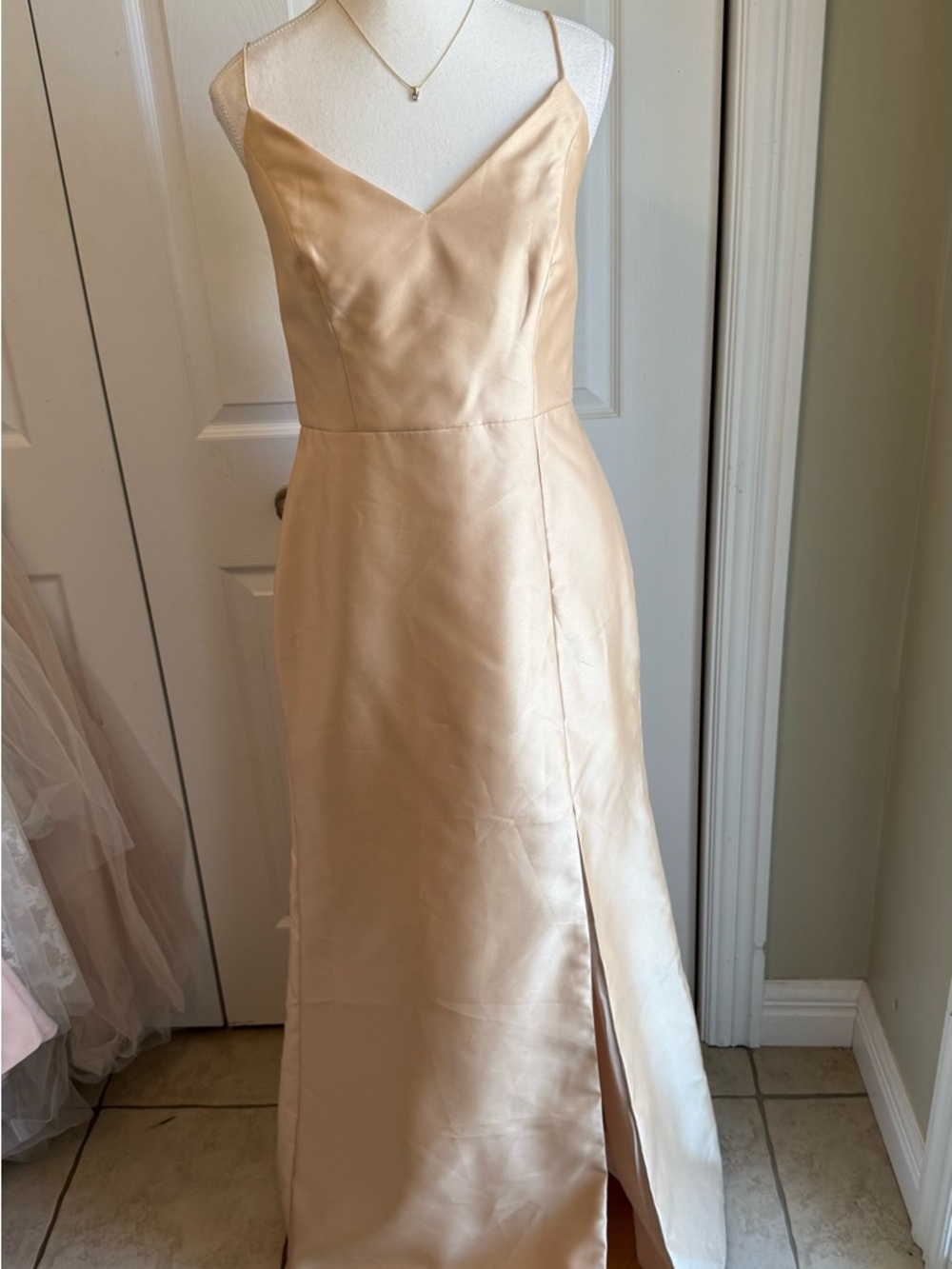 ALFRED SUNG Champagne Satin Slip Gown with Slit